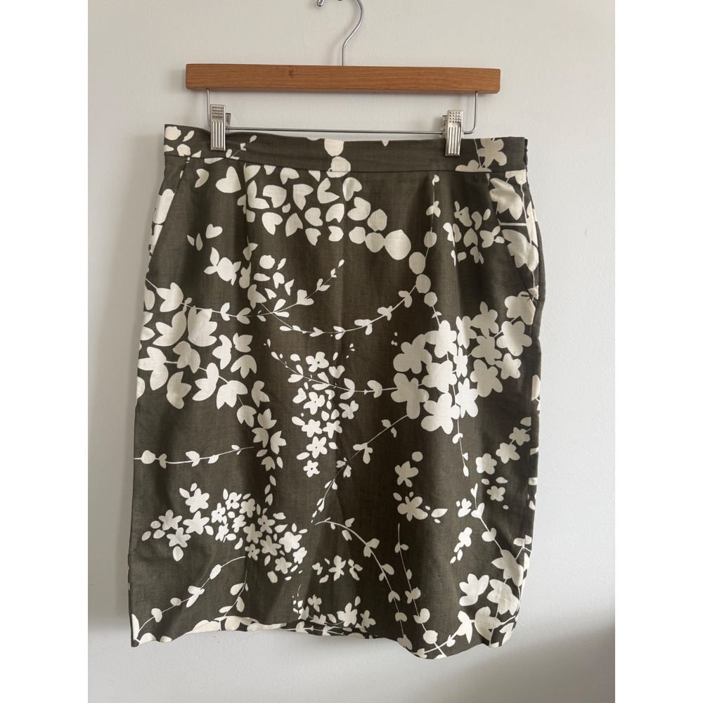 Michael Kors Bergdorfs‎ Linen Skirt Olive Green 12 Italy Knee Length Floral Lux